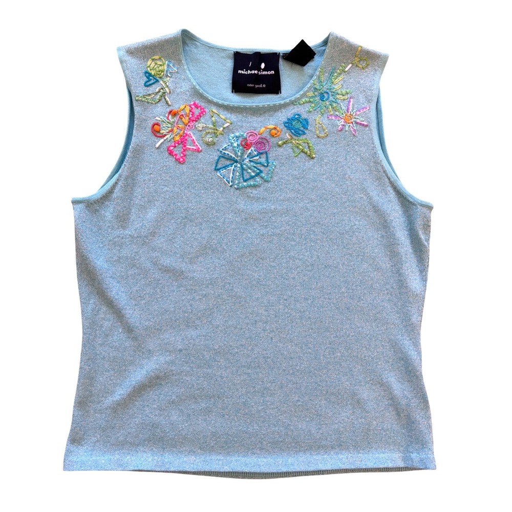 Michael Simon New York Turquoise Blue Metallic Embroidered Knit Shell Tank Top